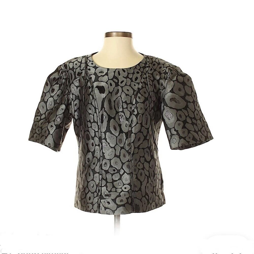 Brooks Brothers Animal Print Short sleeve Black Silver Jacquard Blouse Top 2 XS